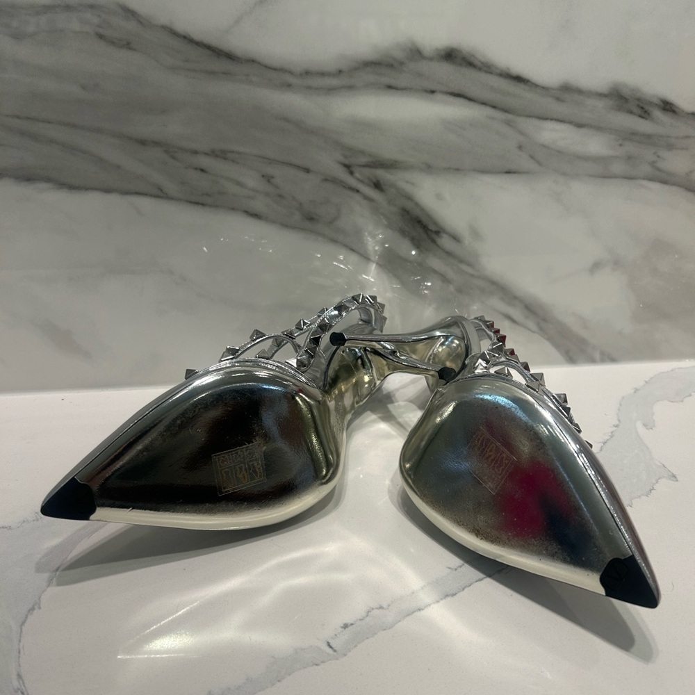 Valentino Silver Metallic Rockstud Pointed Slingback Heels - Picture 5 of 8